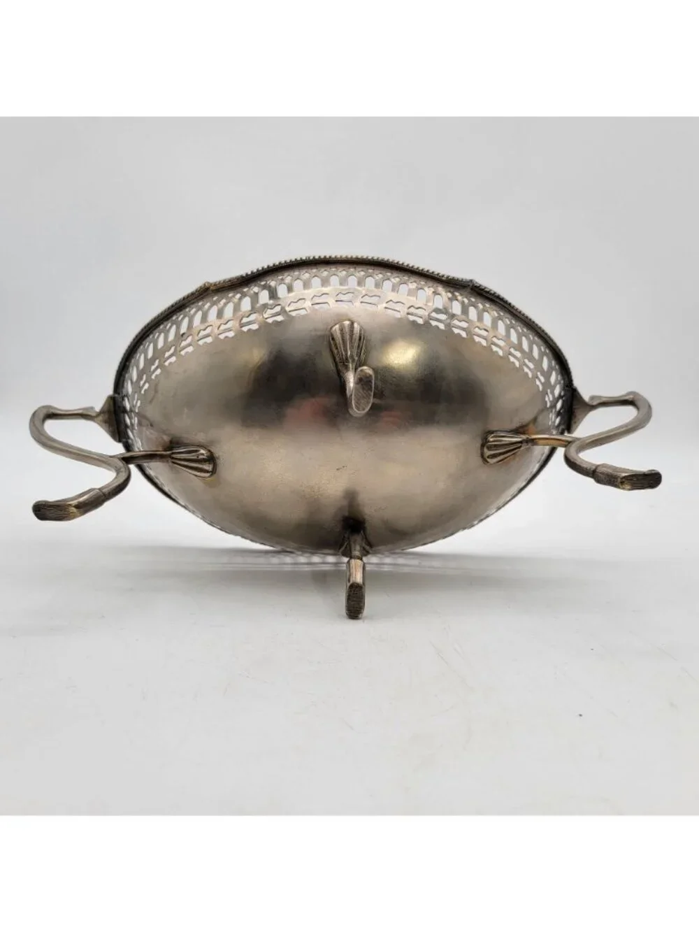 Antique Silver-Plated Reticulated Cake Basket With Scalloped Edges & Ornate Hand